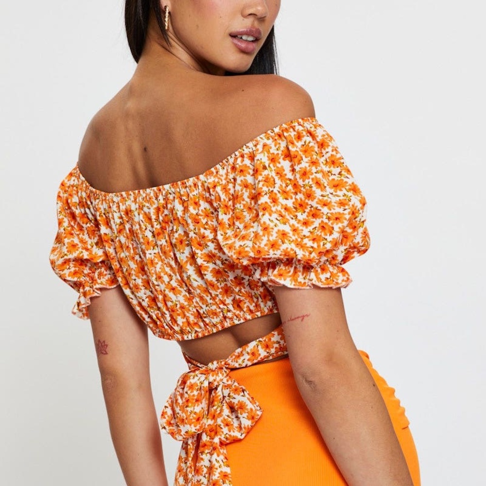 Off-the-Shoulder‎ Orange Floral Smocked Tie Back Puff Sleeve Crop Top Small